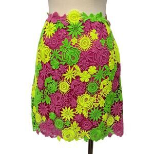 Valentino Neon Floral Guipure Lace Mini Skirt Pink Green Yellow | Size 6